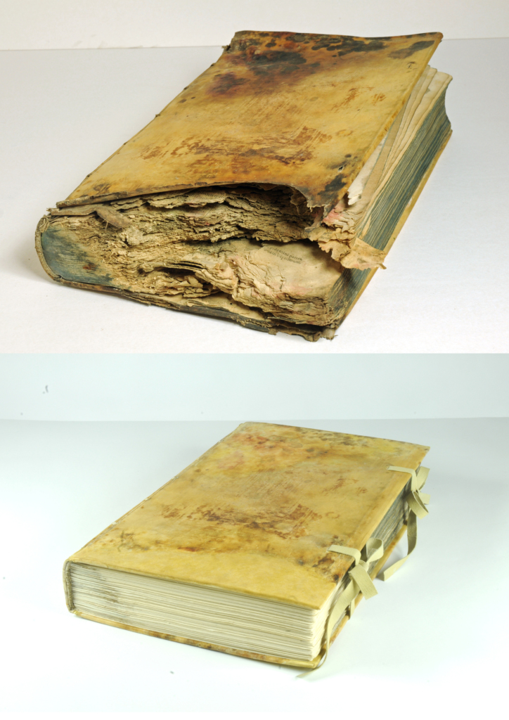 Stary druk z XVII wieku w oprawie pergaminowej przed i po konserwacji