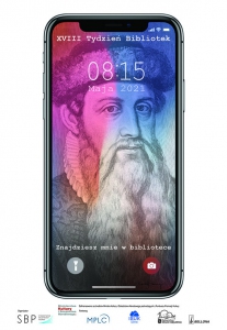 Ekran smartfona z wizerunkiem Jana Gutenberga i napisem XXVIII Tydzień Bibliotek, 08:15 maja 2021, znajdziesz mnie w bibliotece