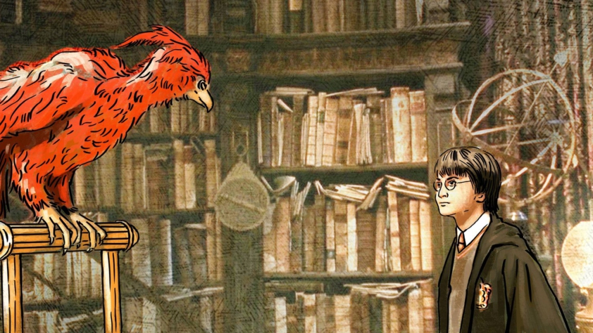 Grafika przedstawia wnętrze starej biblioteki. Z lewej strony siedzi na drążku jaskrawoczerwony Feniks, a z głębi po prawej przygląda mu się cimnowłosy chłopiec w okularach i czarnym stroju czarodzieja - Harry Potter