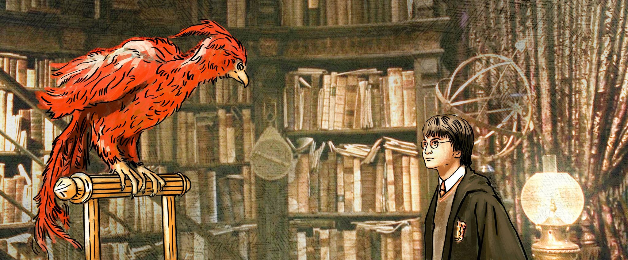 Grafika przedstawia wnętrze starej biblioteki. Z lewej strony siedzi na drążku jaskrawoczerwony Feniks, a z głębi po prawej przygląda mu się cimnowłosy chłopiec w okularach i czarnym stroju czarodzieja - Harry Potter