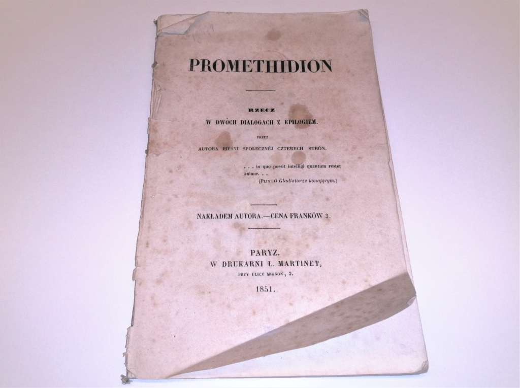 fotografia przedstawia kartę tytułlową ksiązki "Promethidion" Norwida, wydanej nakładem autora w Paryży w 1851 r.